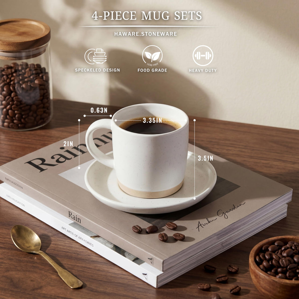 HaWare 13oz mugs with flat base for anti-slip stability on surfaces.