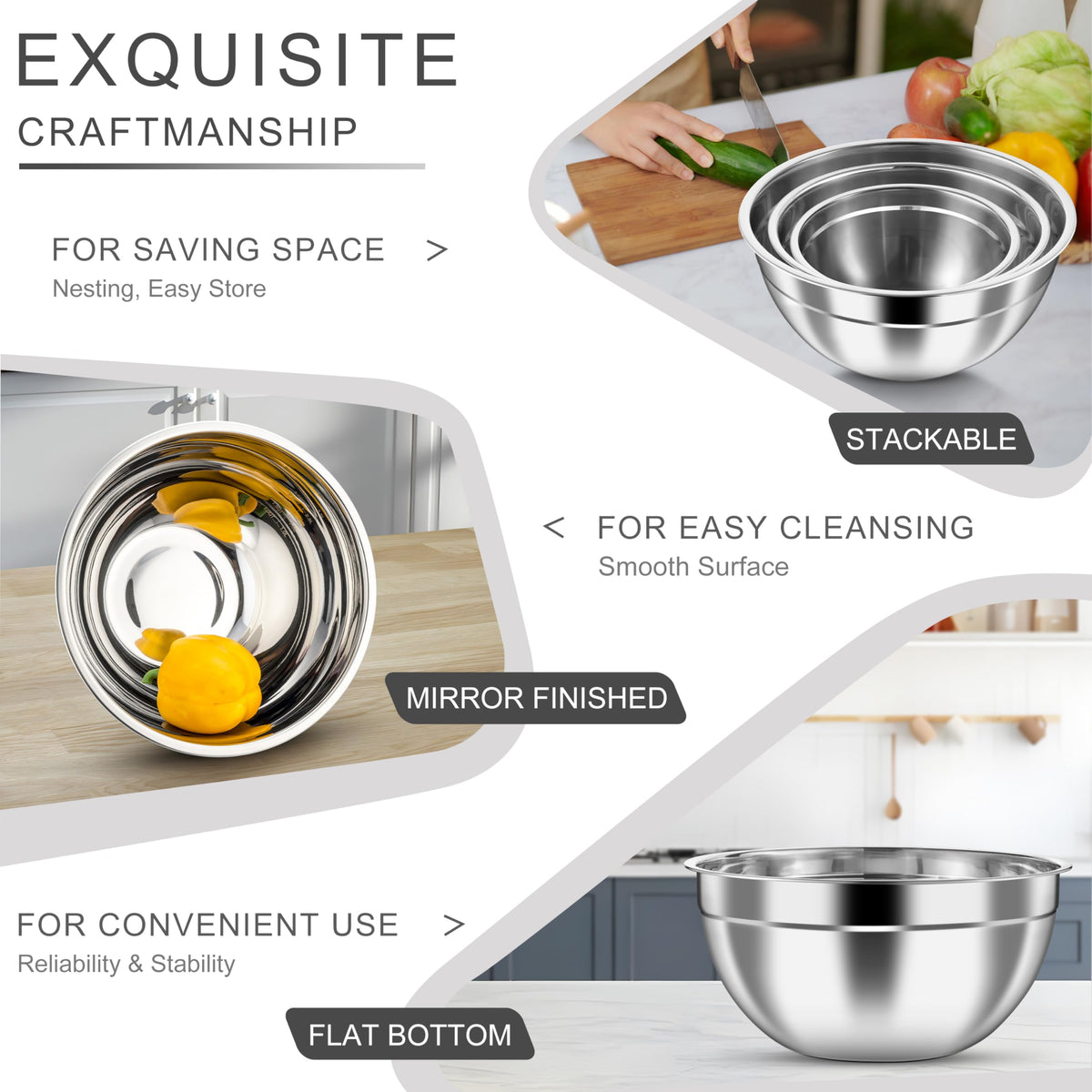 Three sizes include 4.5 qt, 3 qt, and 1.5 qt for versatile tasks.