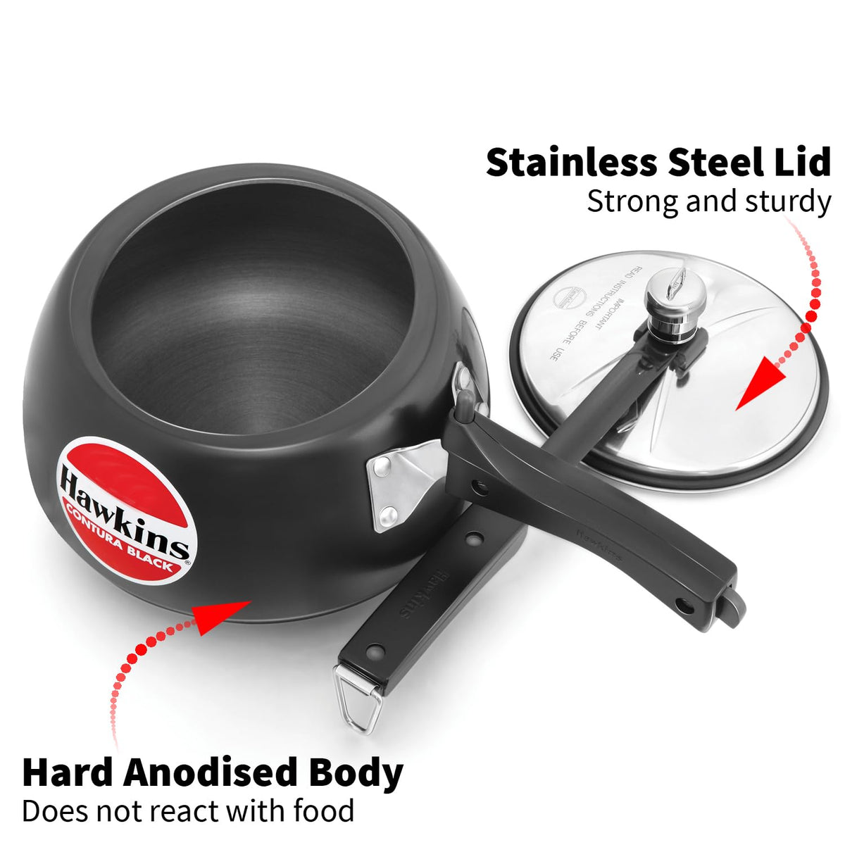 HAWKINS Contura Black hard anodised body for durable daily cooking.