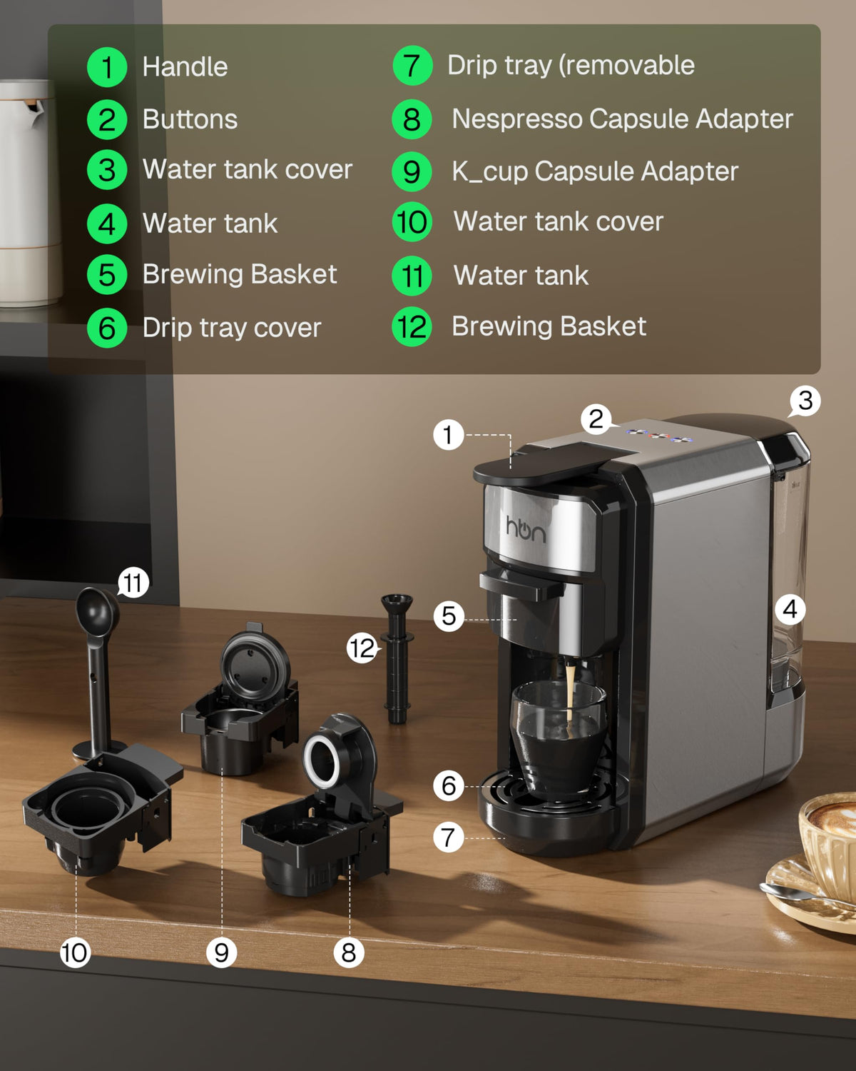 HBN removable drip tray for easy cleaning and tall cups.