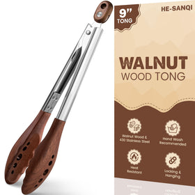 HE-SANQI 9-Inch wood tongs with walnut tips for safe flipping.