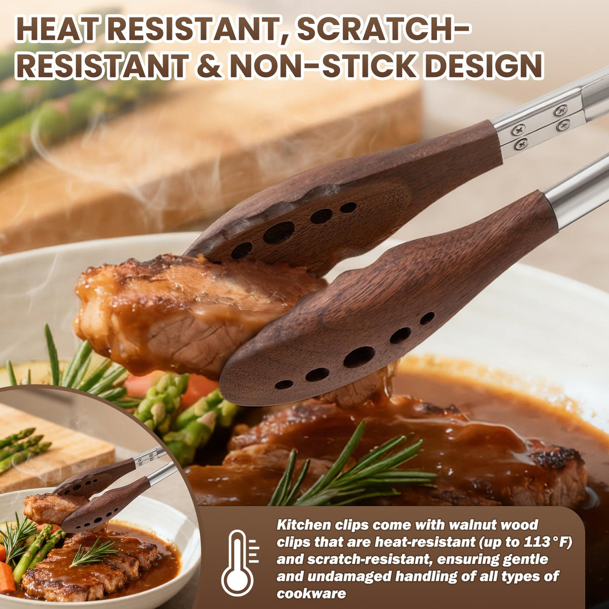 HE-SANQI walnut-tip tongs ideal for grilling and BBQ.