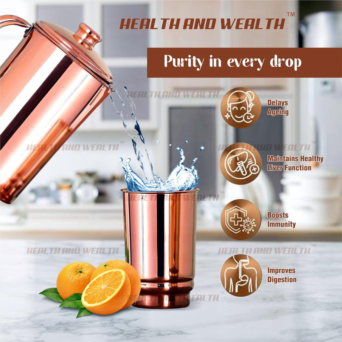 HEALTHANDWEALTH Pure copper tumblers close-up shows polished finish and craftsmanship.