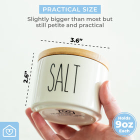 Bamboo lids with silicone seal on ceramic salt pepper jars