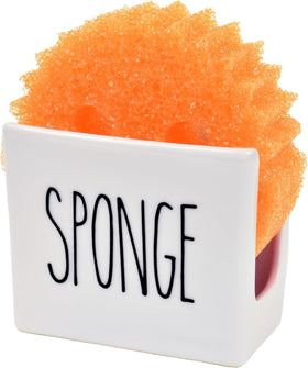 Heartland Home porcelain sponge holder on a kitchen sink keeps sponges organized and accessible.