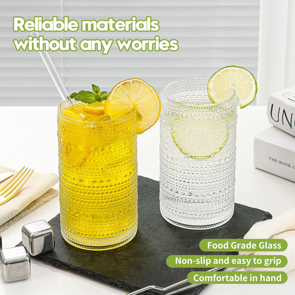 HEFBCOMK dishwasher-safe highball glasses simplify cleanup after meals.