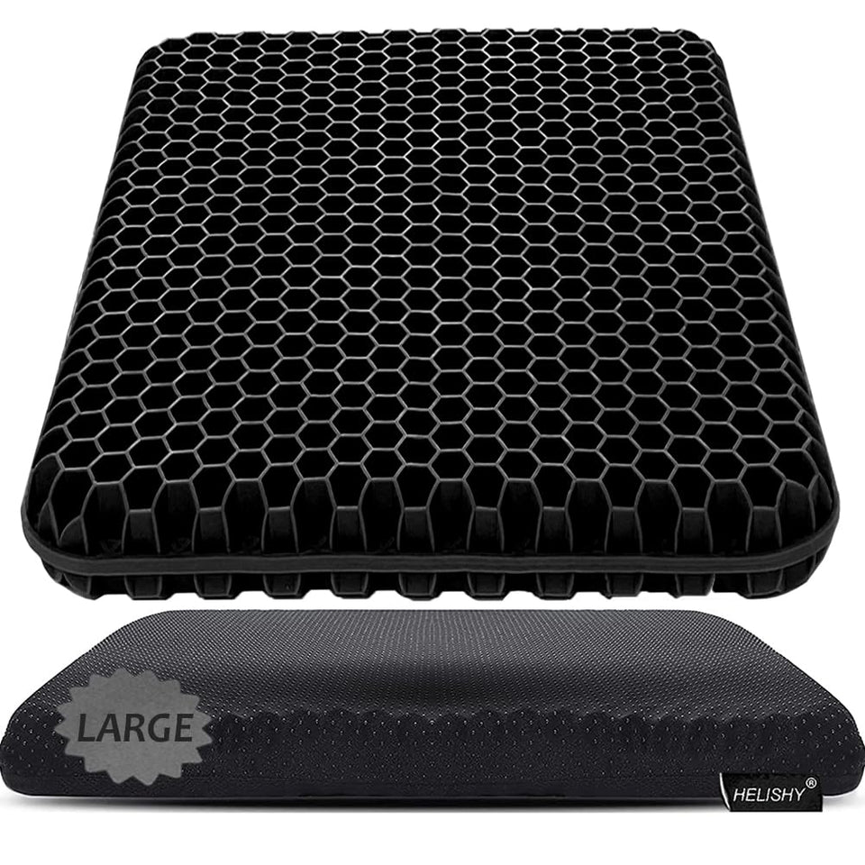 Helishy gel seat cushion large, front view showing ergonomic support for long seating