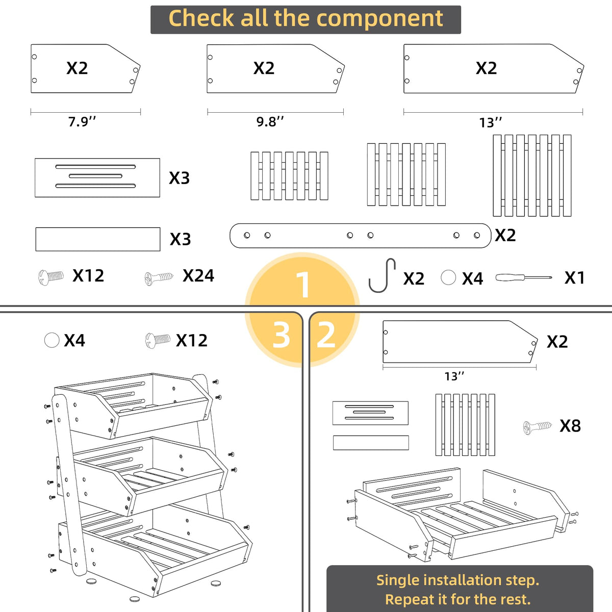 Hellojin Bamboo 3-Tier Fruit Basket assembly view demonstrates easy setup.
