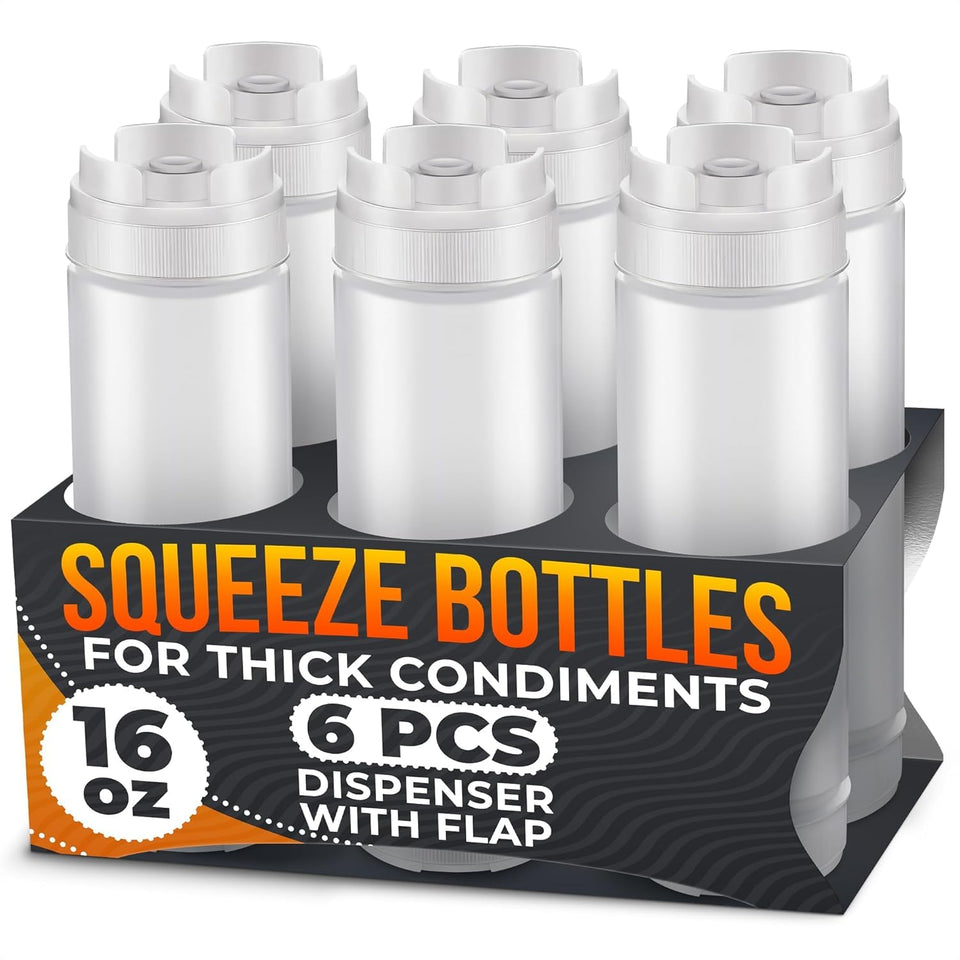 HELVETIOS 6-pack clear squeeze bottles with self-closing valves for mess-free serving.