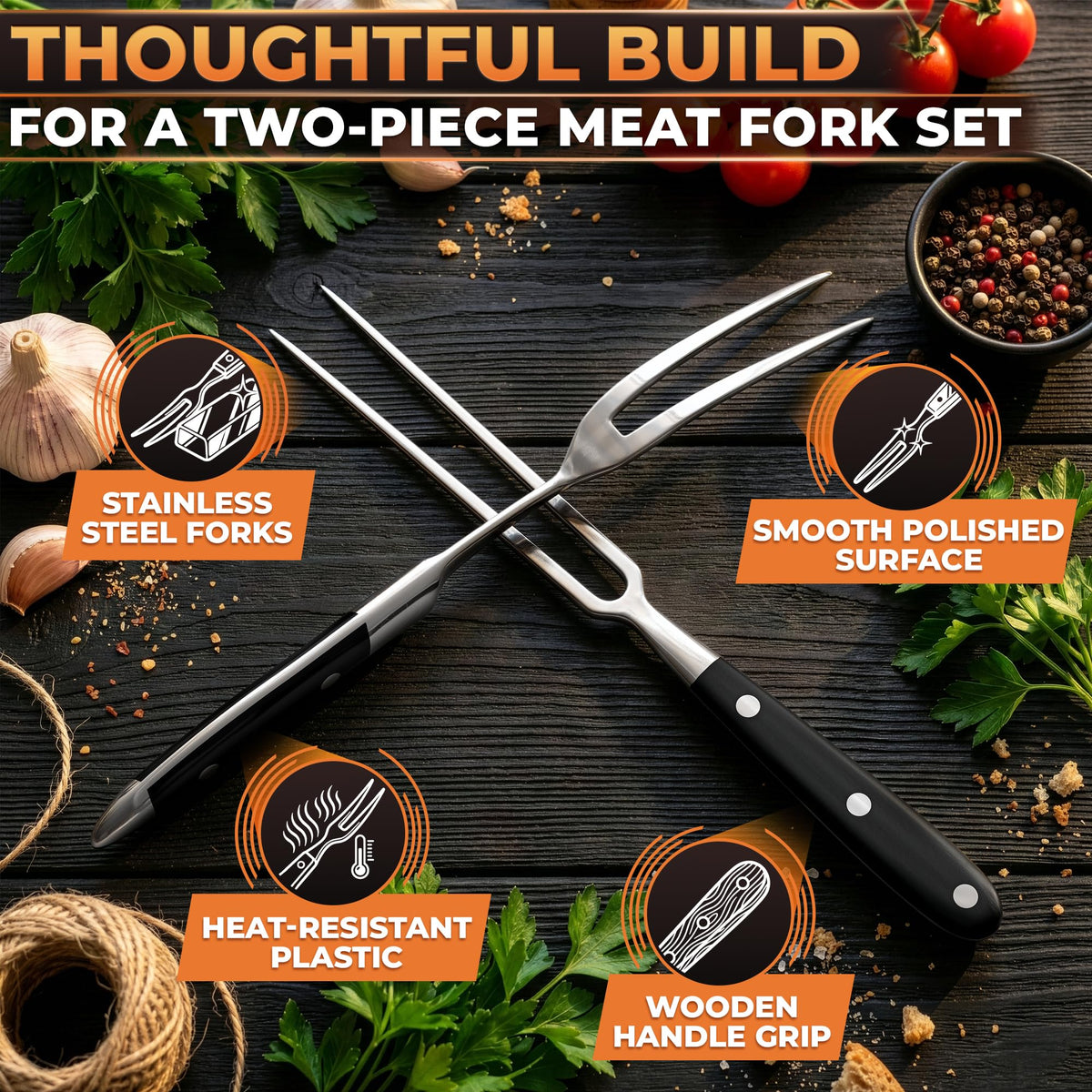 HELVETIOS curved grill fork grips soft or slippery meats with ease.