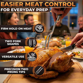 HELVETIOS large serving fork keeps slices secure during transfer.