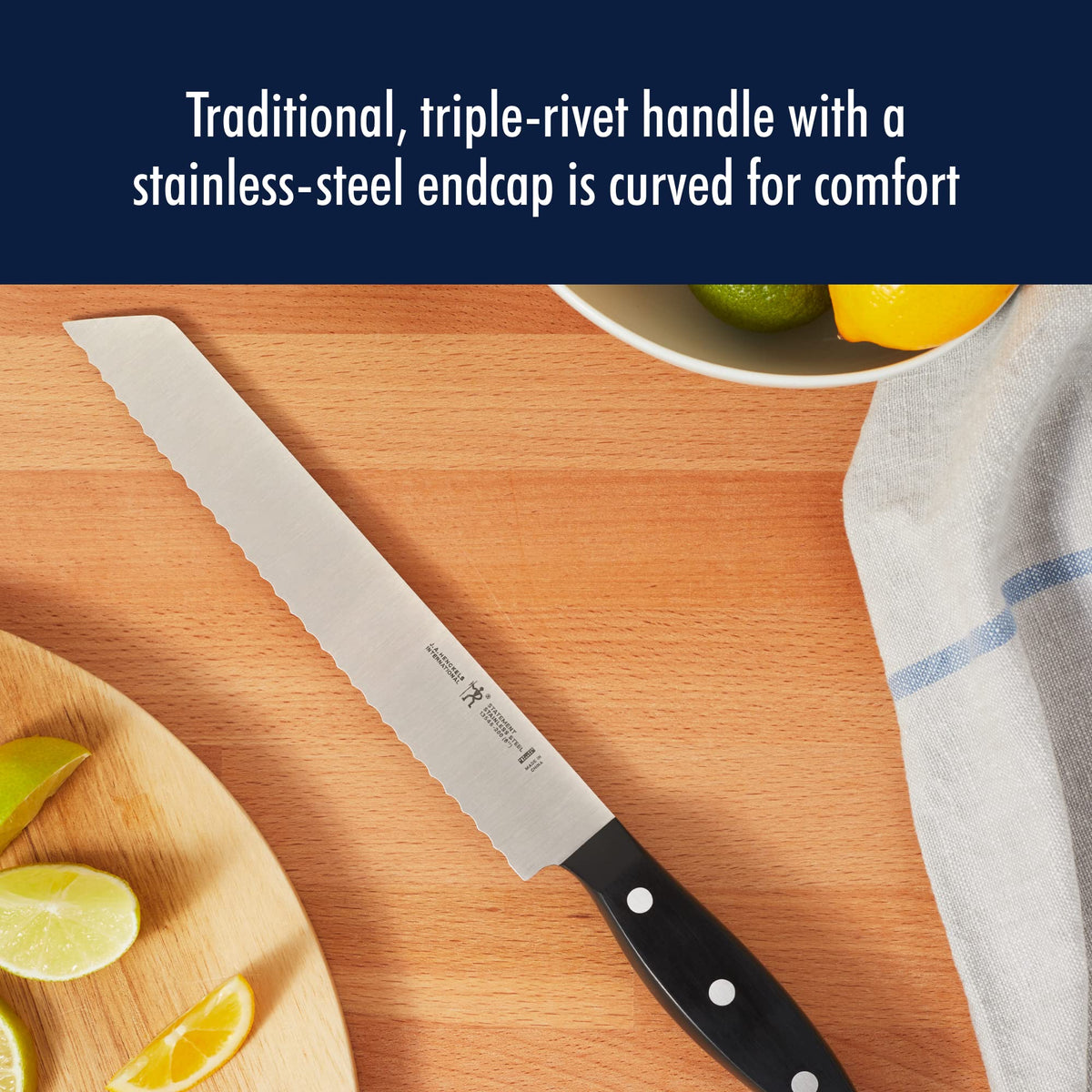 HENCKELS Statement 8-inch bread knife cleanly slices crusty bread.