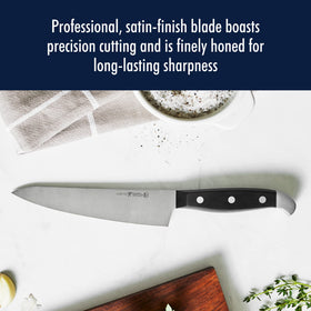 Henckels Statement honing steel and kitchen shears included for maintenance.