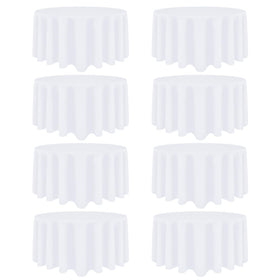 Heneger white round tablecloth 120-inch diameter on tables, ideal for elegant buffets.