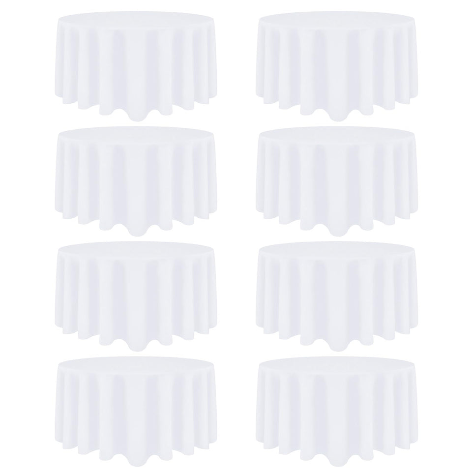 Heneger white round tablecloth 120-inch diameter on tables, ideal for elegant buffets.