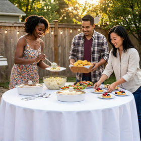 Heneger white round tablecloth wrinkle-resistant surface keeps a smooth appearance across events.
