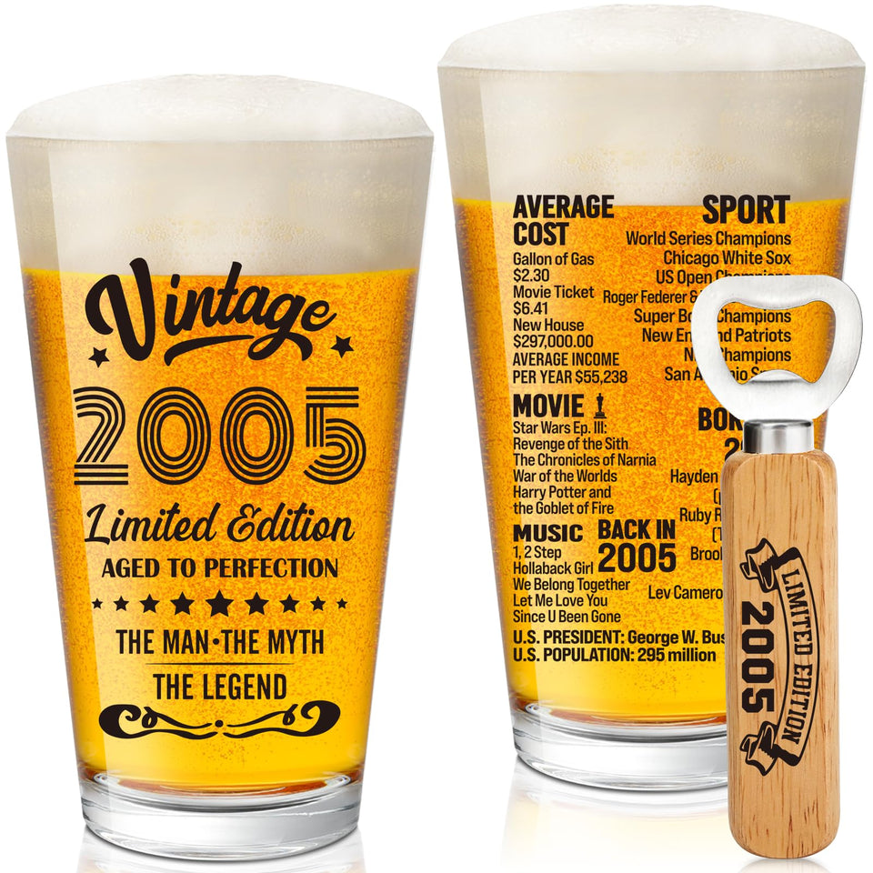 Henghere vintage 2005 beer glass serves as a keepsake for 21st birthdays.