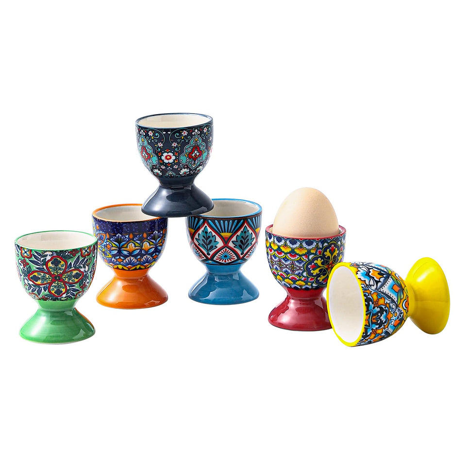 HENXFEN LEAD boho ceramic egg cups in colorful patterns for joyful egg servings
