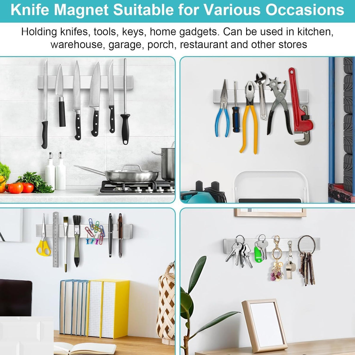 Hereof wall-mount knife holder with satin finish matches modern kitchens and protects blades.