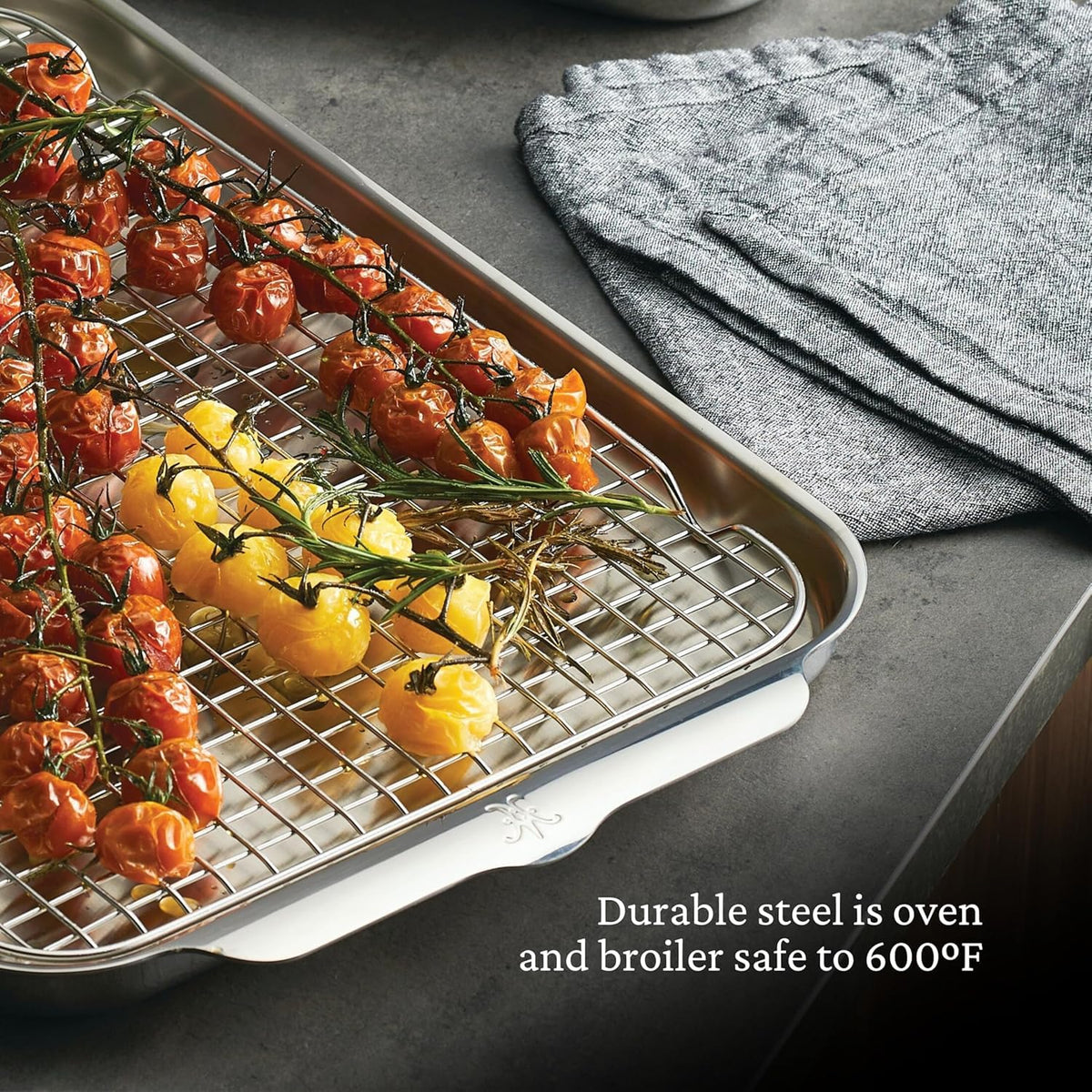 Hestan Provisions OvenBond quarter-sheet exterior showing durable stainless steel
