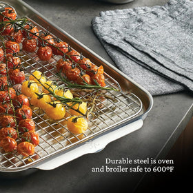 Hestan Provisions OvenBond quarter-sheet exterior showing durable stainless steel