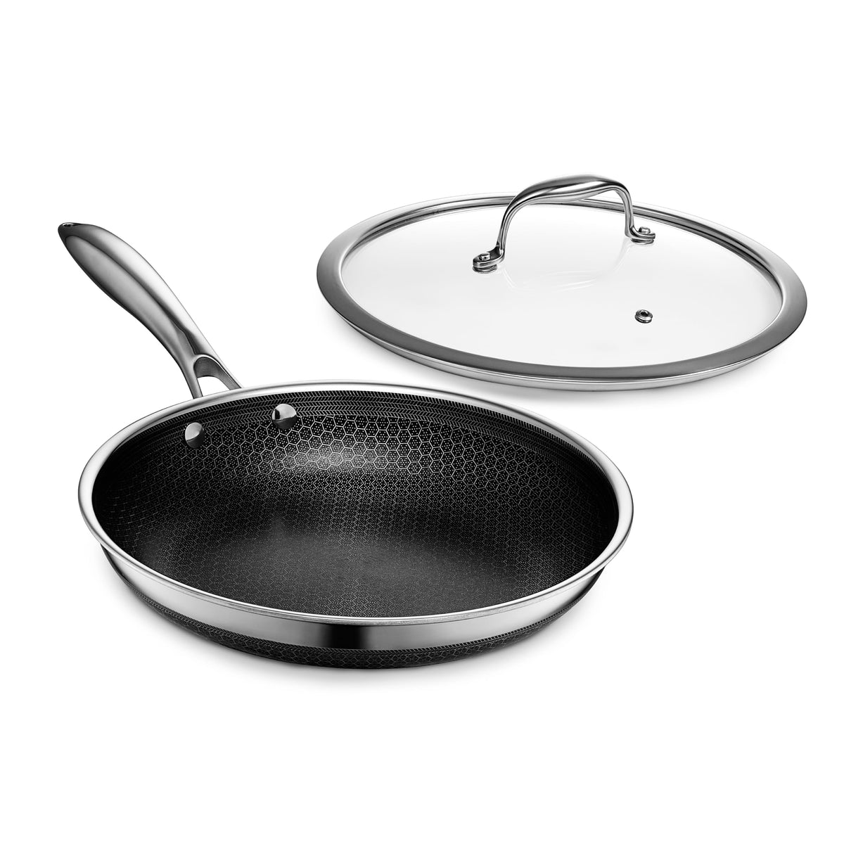 HexClad lid with steam vent and stay-cool handle aids safe monitoring while cooking.