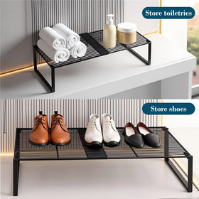 HGZBS extendable shelf multi-space use for kitchen, pantry, closet, and tool room.