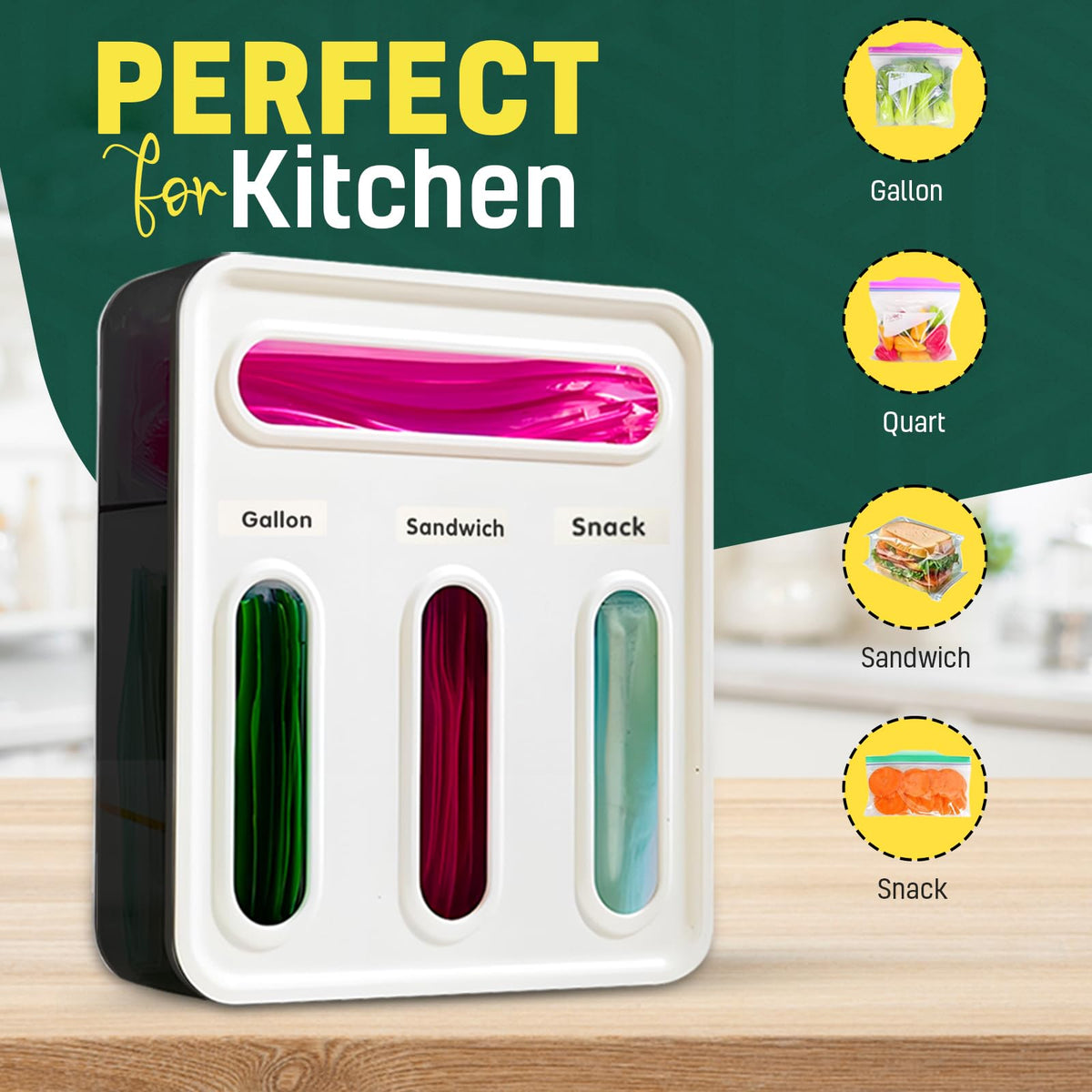Clear acrylic top provides fast bag visibility during meal prep.