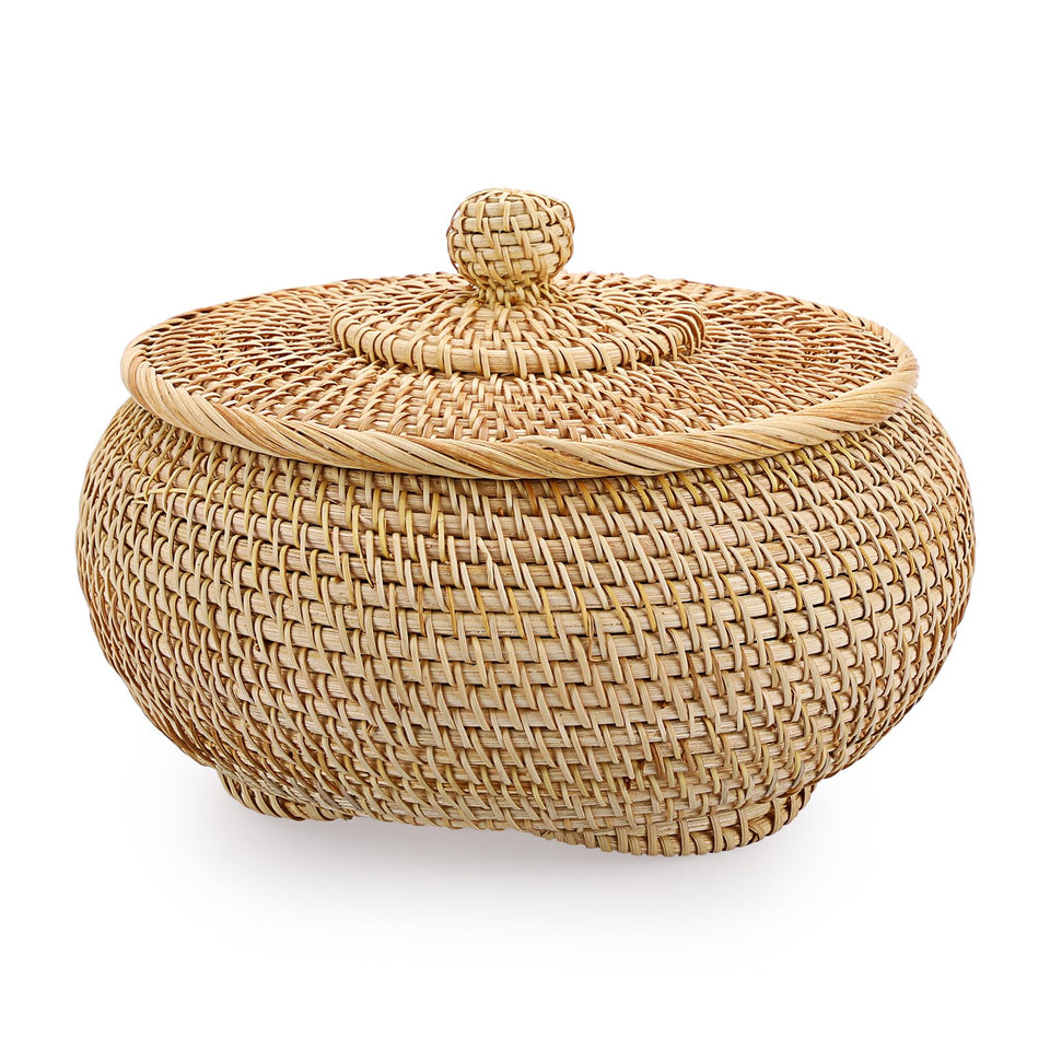 Hipiwe round rattan basket with lid closed on kitchen shelf for dust-free storage.