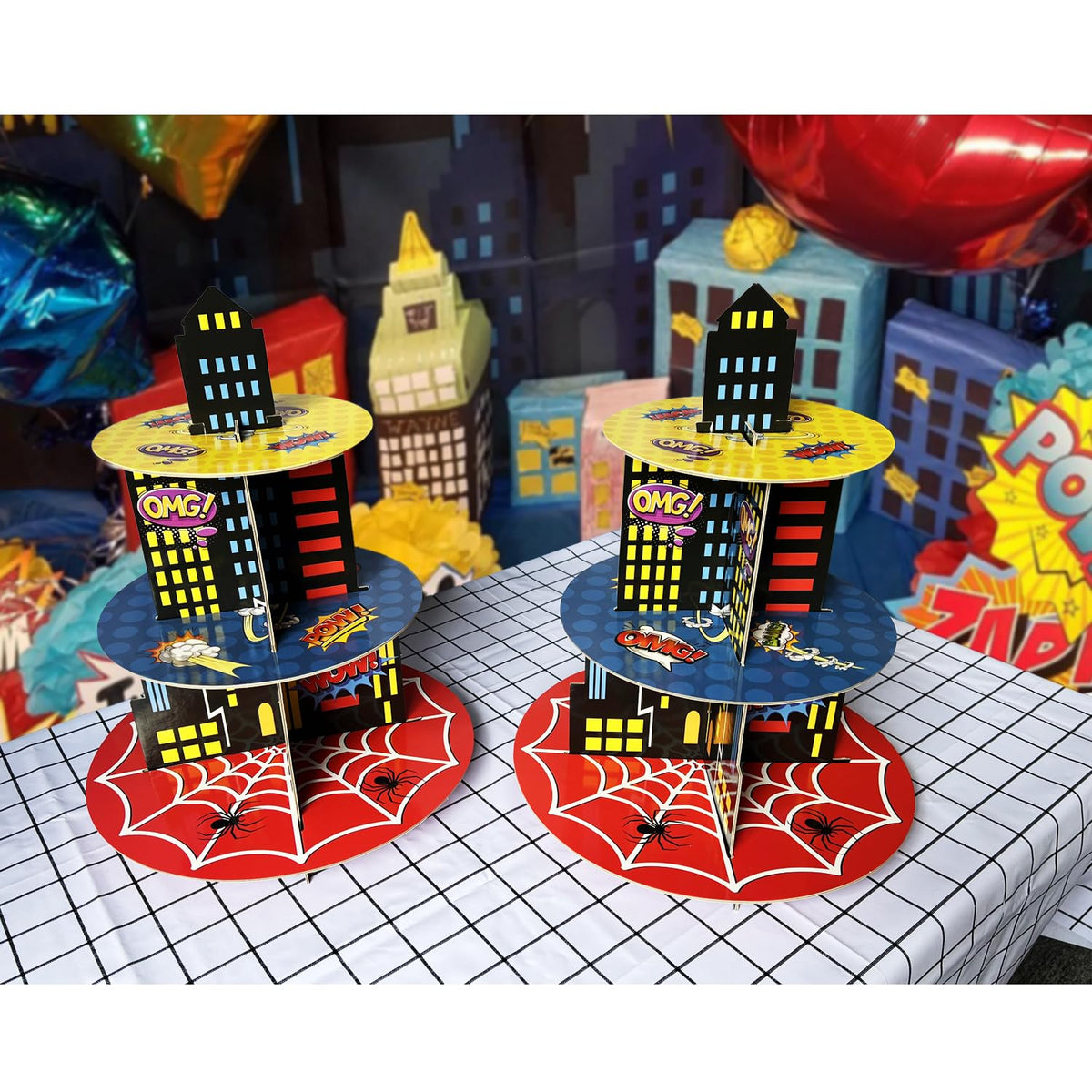 Hipoxa cupcake stand for hero-themed parties, simple setup and stylish tablescape.