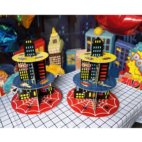 Hipoxa cupcake stand for hero-themed parties, simple setup and stylish tablescape.