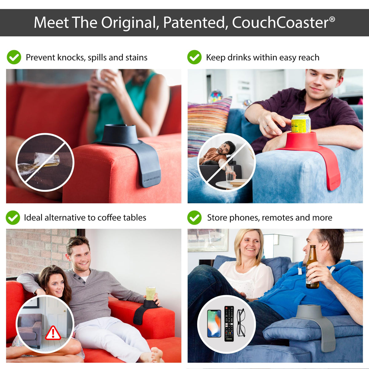 HIT PRODUCTS CouchCoaster on sofa demonstrates anti-slip stability for hot or cold drinks