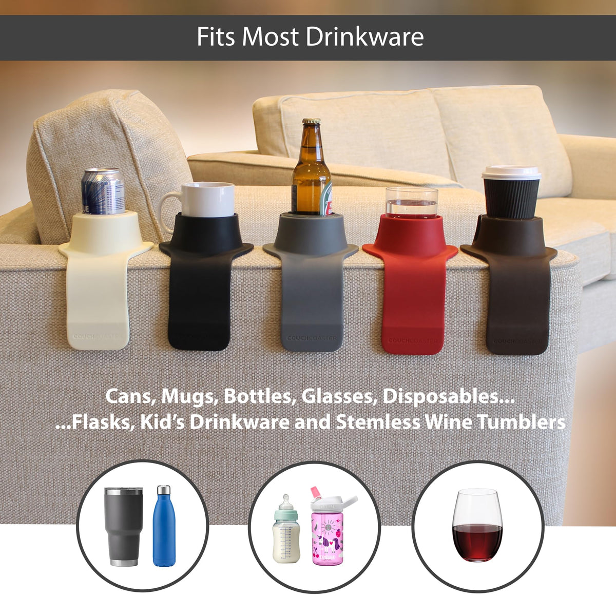 HIT PRODUCTS CouchCoaster fits wide sofa arms up to 5.5 inches.