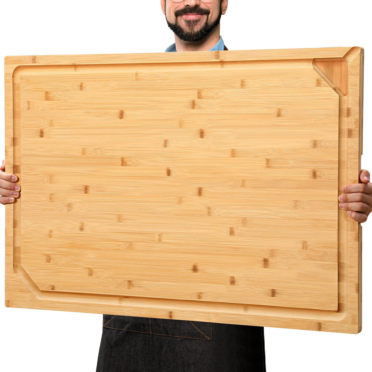 HIWARE 30x20 extra-large bamboo cutting board with juice groove for mess-free prep.