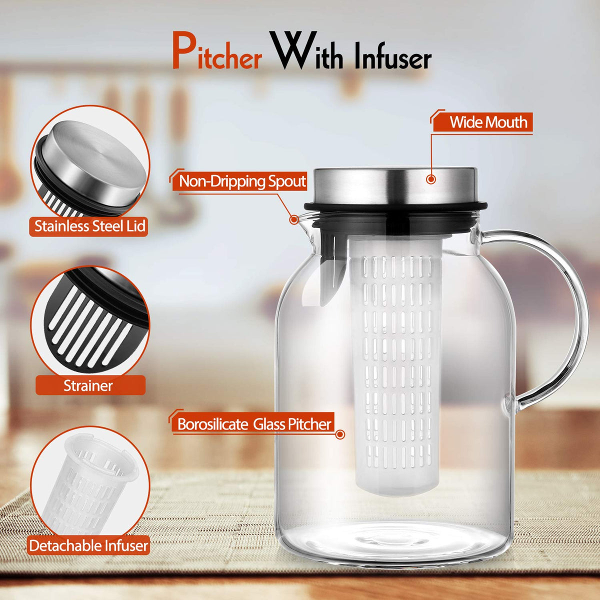 Hiware fruit infuser pitcher showing vibrant flavor infusion in cold or hot drinks.