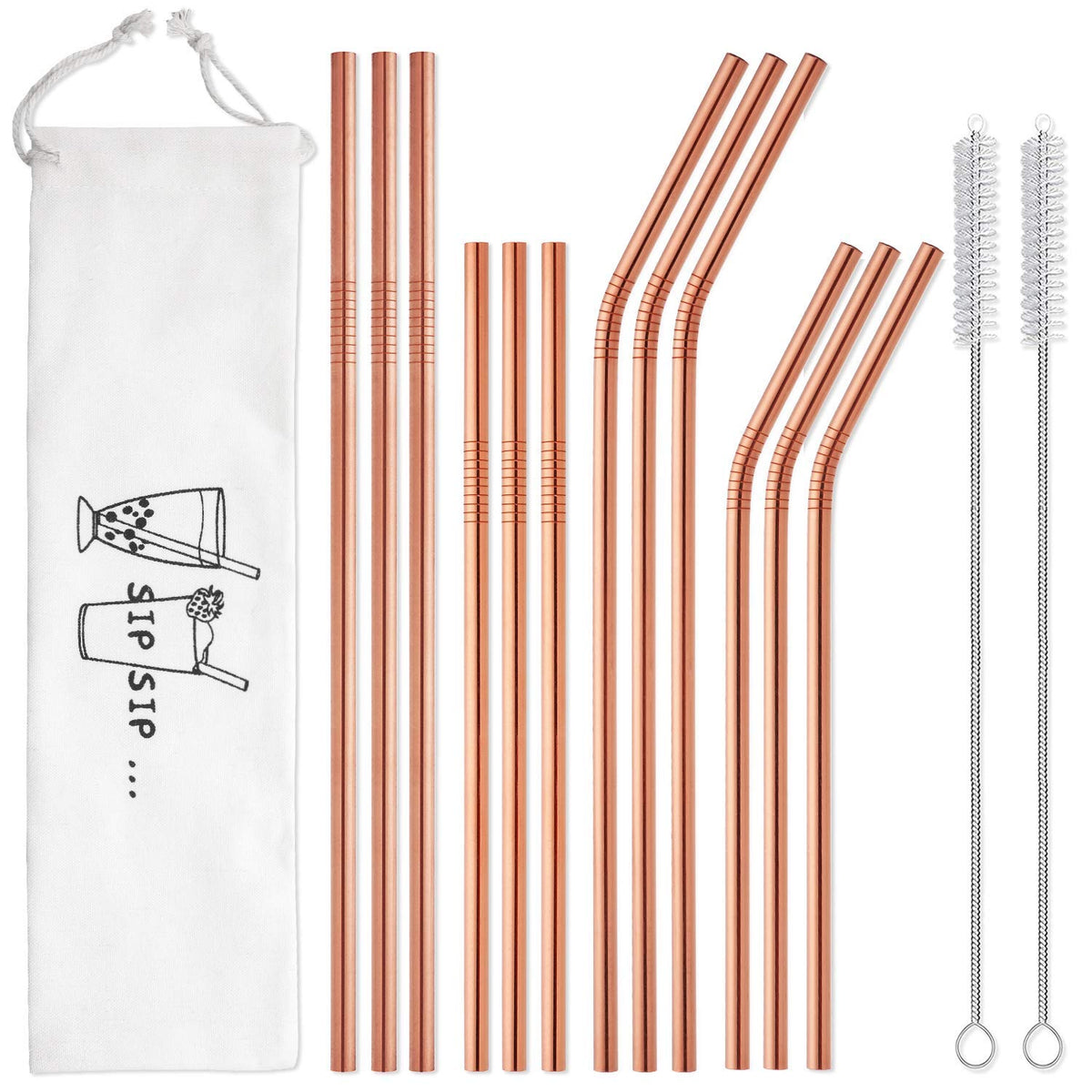 Hiware rose gold stainless steel straws with case, ideal for travel and eco-friendly sipping.