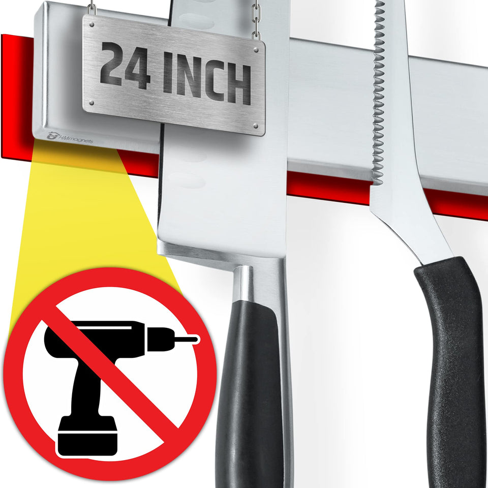 HMmagnets 24-inch no-drill knife strip on wall keeps knives within reach.