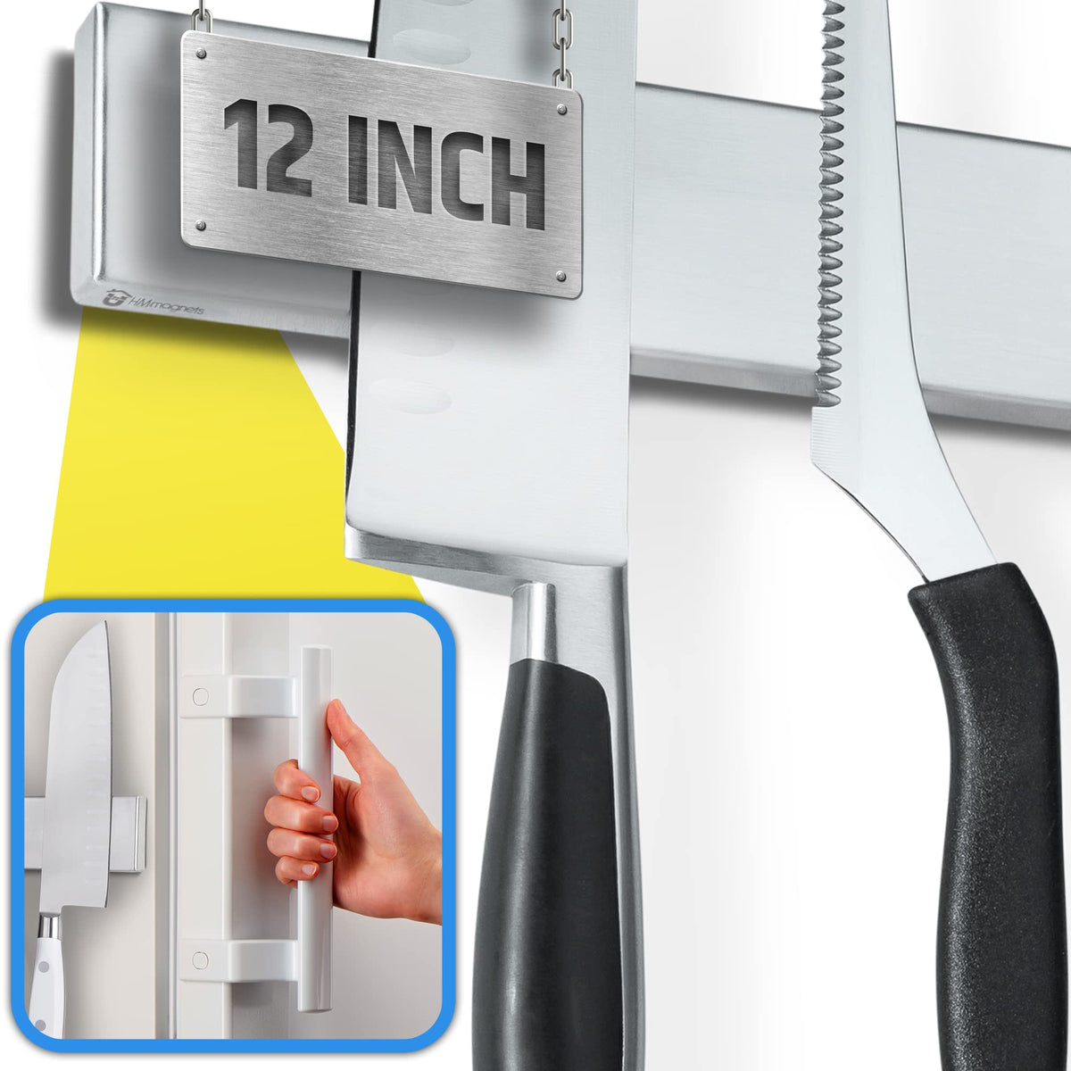 HMmagnets double-sided knife strip on fridge keeps knives within reach.