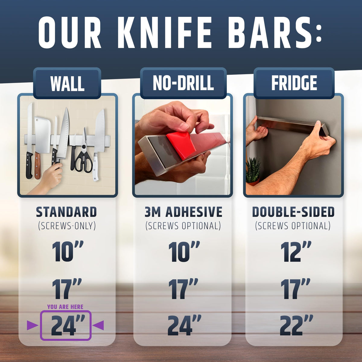HMmagnets stainless steel knife strip mounted on wall frees counter space.