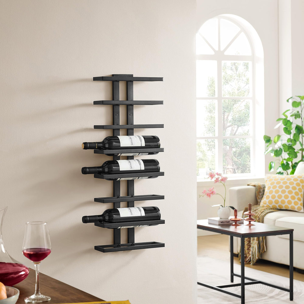Hoctieon living room display showcases bottles while keeping them accessible.