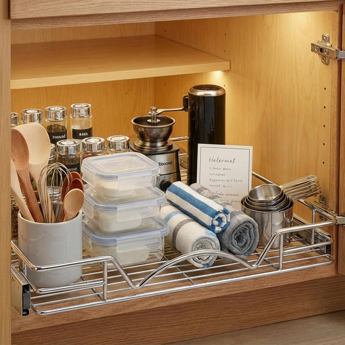HOLDN' STORAGE dimensions are 20W x 21D x 3.15H for cabinet fit.