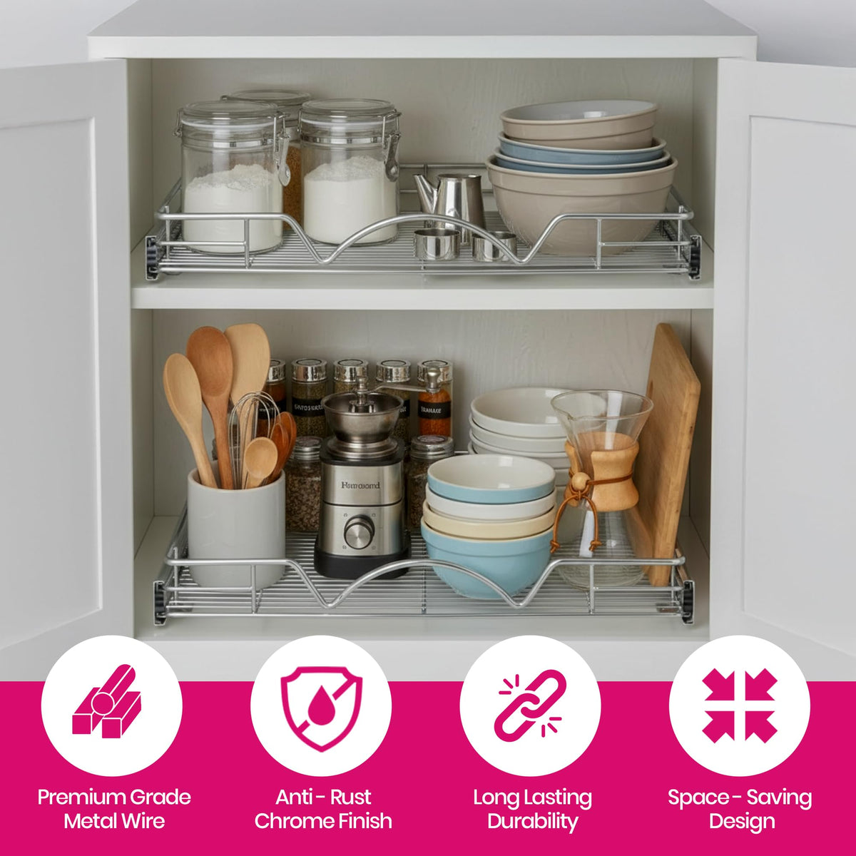 HOLDN’ STORAGE heavy-duty 50-pound capacity supports pots and bakeware.