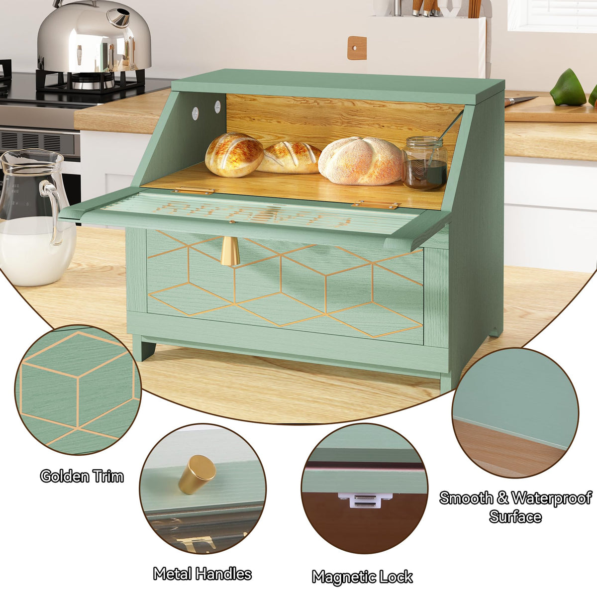 HOLTICO bread box closed lid shows contemporary green design with premium finish.