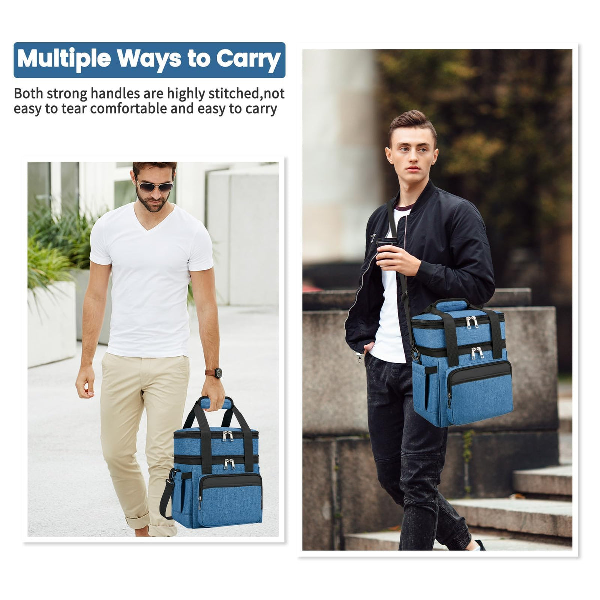 Holuxer blue lunch bag showing expandable top compartment for extra capacity