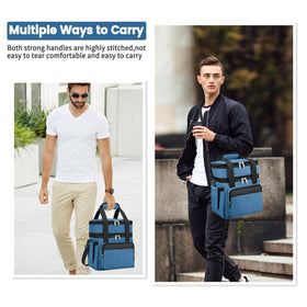 Holuxer blue lunch bag showing expandable top compartment for extra capacity
