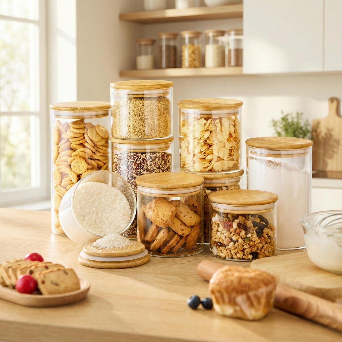 HomArtist 32oz jar close-up showing airtight bamboo lid seal for freshness