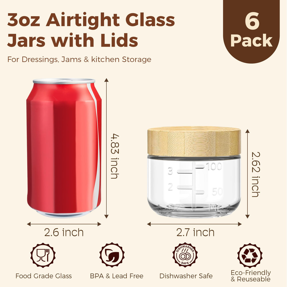 HomArtist 3oz glass container with bamboo lid, close-up showing airtight seal to prevent spills.