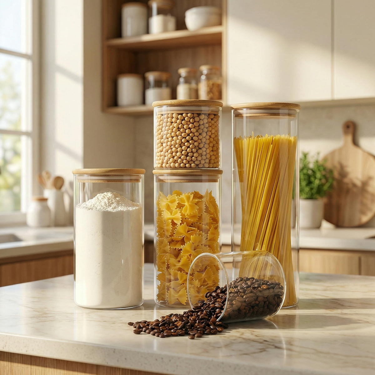 HomArtist 53oz wide-mouth jars with bamboo lids for bulk storage.
