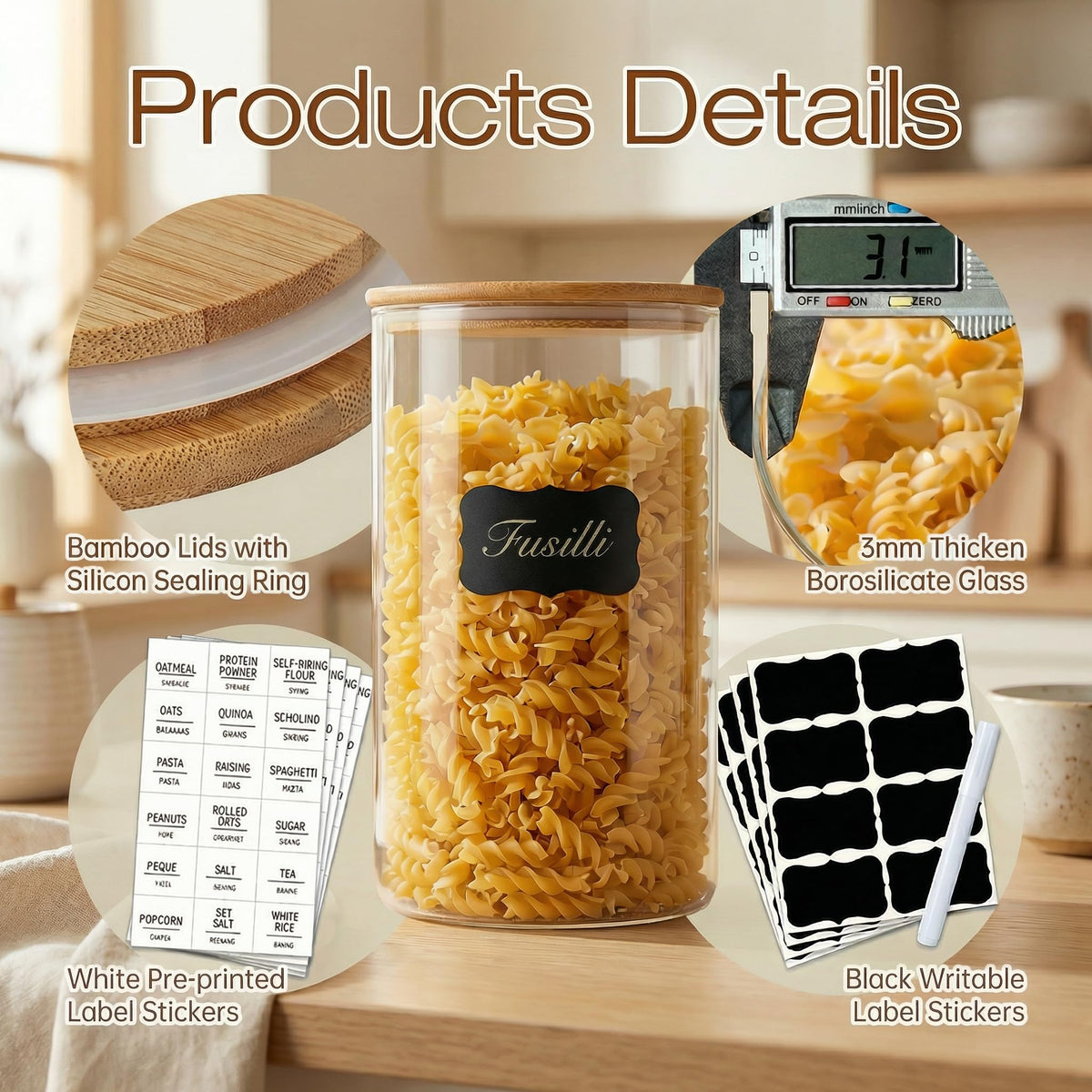 HomArtist glass jar with bamboo lid stores coffee beans neatly.