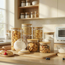 Wide-mouth glass jar with airtight lid for easy filling.